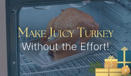 Make Juicy turkey Without the Effort! Turkey Cannon Infusion Roaster inserted into Turkey in Oven