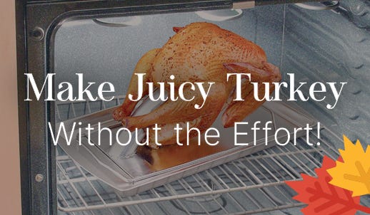 Make Juicy Turkey Without the Effort! Turkey Cannon Infusion Roaster in use in oven. Shop Now.