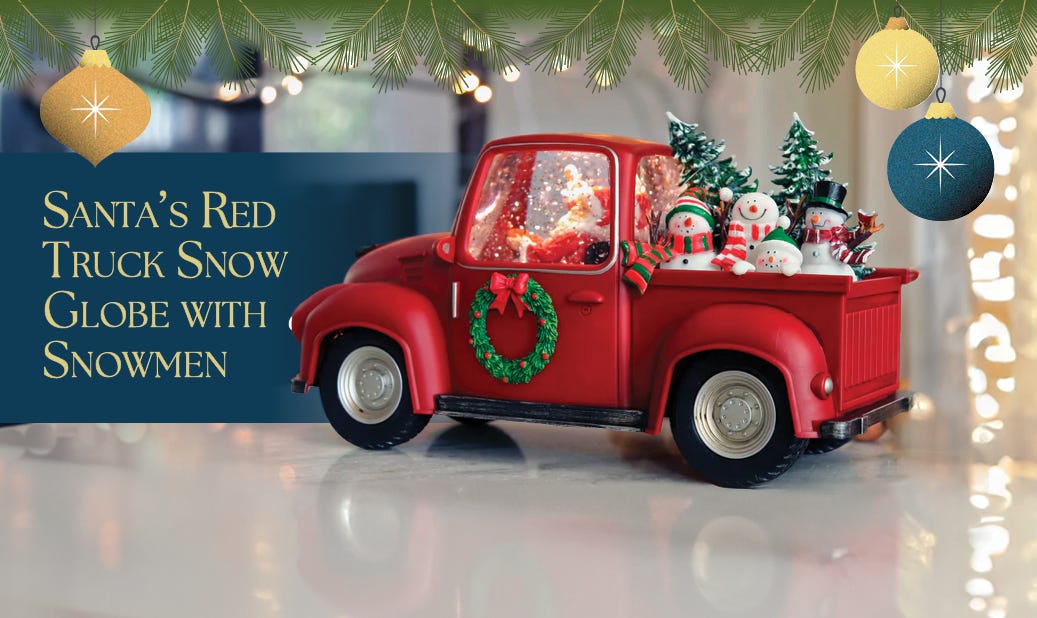 Santa's Red Truck Snow Globe with Snowmen in truck bed