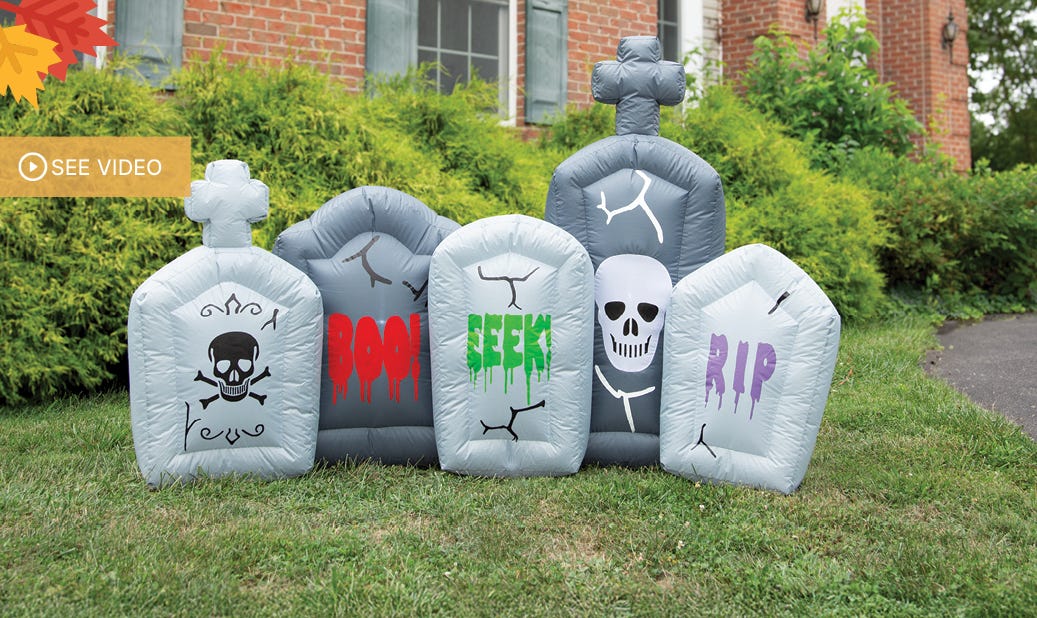 6 Foot Graveyard with blinking Lights Halloween Yard Inflatable, 5 tombstones on front yard