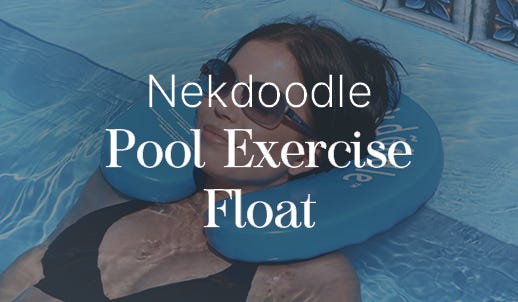 woman using blue Nekdoodle Pool Exercise Float around neck in pool