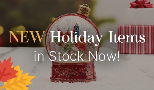 New Holiday Items in Stock Now! Red Holiday Snow Globe Ornaments, cardinal or snowman style snowglobes. shop now.