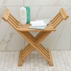 Teak Shower Stool on display in shower