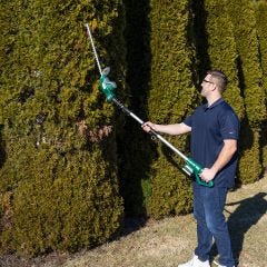 model using the trimmer on tall hedges 