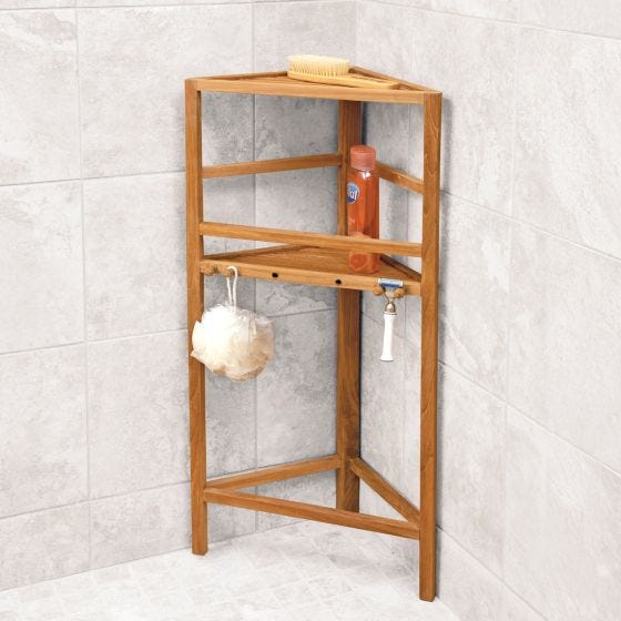 Teak Shower Shelf in shower