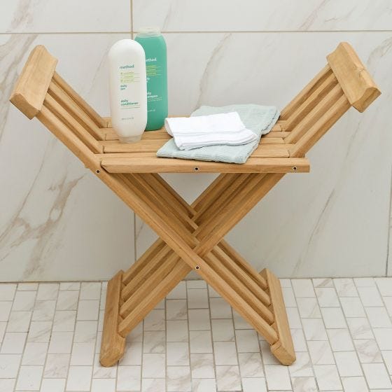 Teak Shower Stool on display in shower