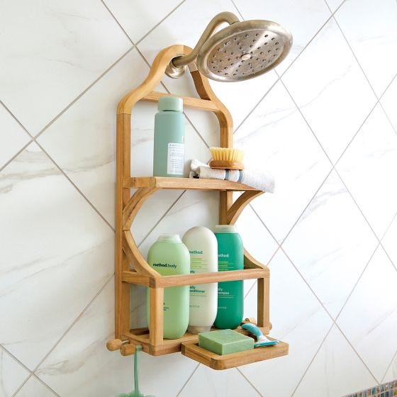 Teak Shower Organizer in shower