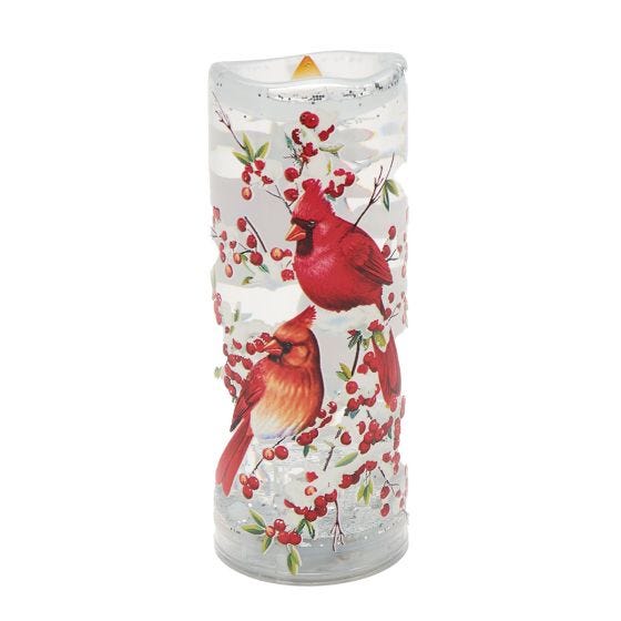 Large Cardinal Winter Swirling Water Globe Candle on white