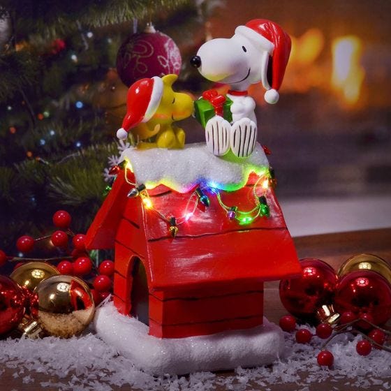 Snoopy Holiday Dog House on display