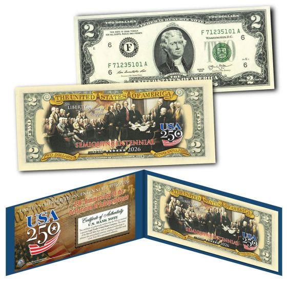 America 250 Declaration Signing $2 Bill on white