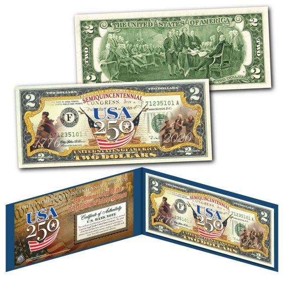 USA 250 Legal Tender $2 Bill on white