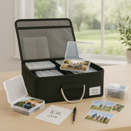 Photo boxes shown in organizer case Photo boxes shown in organizer case