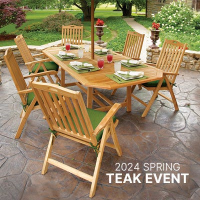 Teak Dining Table and Chairs with Umbrella on outdoor patio