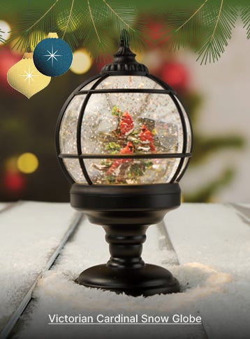 Victorian Cardinal Snow Globe in christmas Setting - shop now