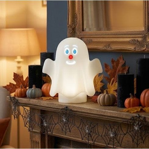 Animated Ghost on mantel with decorations